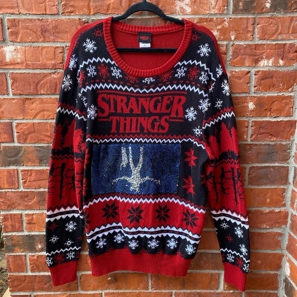 Stranger Things Adult XL Flip Sequin Red Fair Isle Sweater - Picture 1 of 9